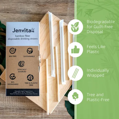 Vista 3 de Ibambo Pajitas de bambú en polvo (paquete de 250) Pajitas desechables de 7.88 pulgadas envueltas individualmente 100% compostables duraderas