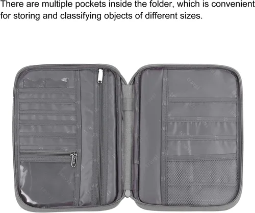 Vista 4 de PATIKIL Portatarjetas familiares para pasaporte de viaje, funda para documentos, múltiples bolsillos con correa para la muñeca para viajes de Gris
