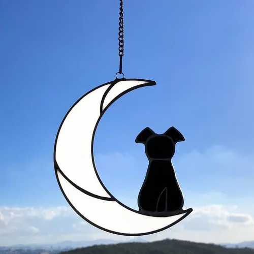Regalos Conmemorativos de Vidrio Manchado para Mascotas Perro para Amantes de Perros, Adorno de Perro Negro en Colgantes de Luna Blanca para