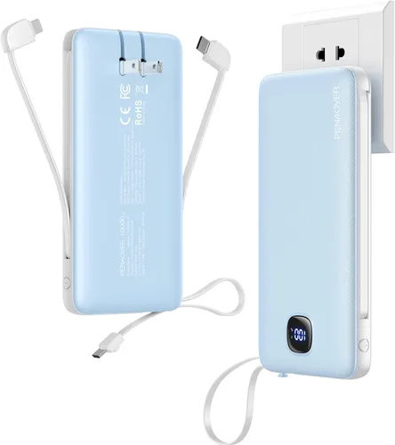 penaover - Cargador portátil con cables integrados y enchufe de pared AC, batería externa de 10000 mAh delgada, carga rápida de 22.5 W, 5 salidas, 2