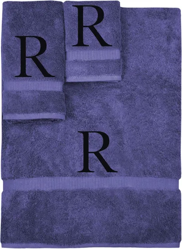 Vista 180 de Juego de toallas con monograma, regalo personalizado, juego de 3 - Letra de bloque dorada bordada en toalla - Extra absorbente 100% algodón turco