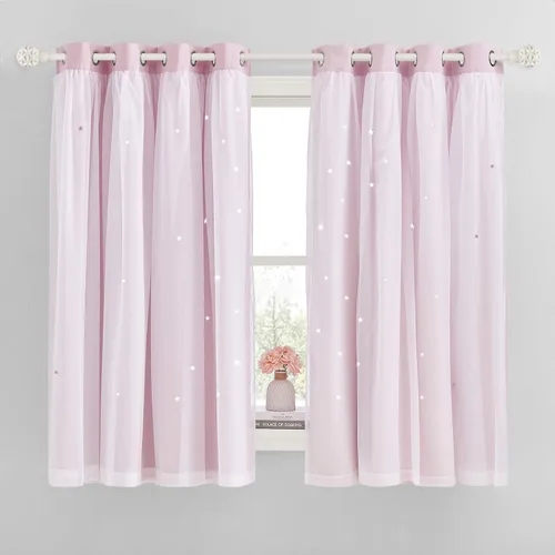 Vista 28 de NICETOWN Cortinas opacas con recortes de estrellas para dormitorio, 2 paneles, diseño mixto de 2 capas de tela y tul, cortina de ventana para niños