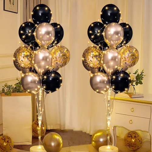 Cicicooie Centros de mesa de globos para suelo con tira de luces, juego de 2 soportes para globos negros, decoración para bodas, adultos,