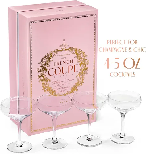Vista 6 de GLASSIQUE CADEAU Vasos franceses pequeños de champán vintage Juego de 4 vasos de cóctel clásicos de cristal de 6 onzas – Martini, sidecar