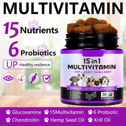 Vista 5 de Multivitamínico masticable para perros, 150 masticables, vitaminas y suplementos para perros 15 en 1, vitaminas diarias para perros, probióticos