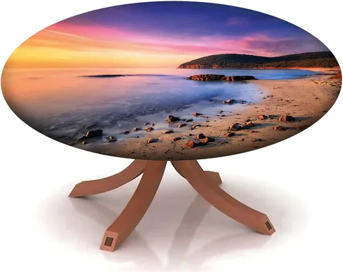 Vista 44 de Cubierta redonda con diseño de playa, borde elástico, picnic al aire libre, patio, fiesta o comedor interior, decoración de mesas de comedor, azul