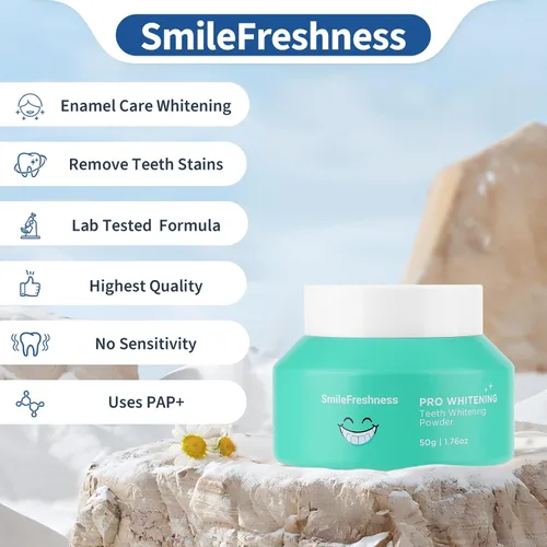 Vista 2 de Polvo blanqueador de dientes – Elimina la placa y las manchas, polvo blanqueador dental con Pap+, ideal para dientes sensibles, refrescante sabor a