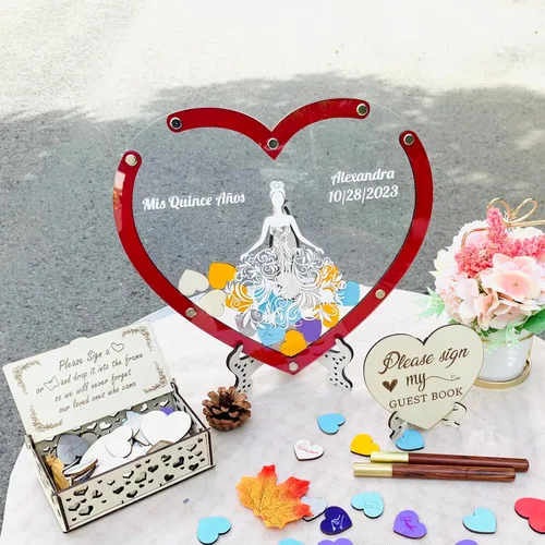 Sweet 15 Sweet 16 Guest Book Personalized Mis Quince Guest Book Alternative Gift for Daughter - Customizable Heart Shaped Quinceanera Drop box Guest