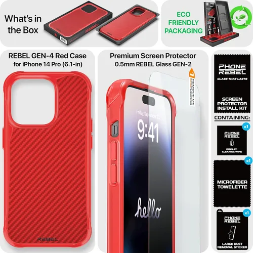 Vista 6 de REBEL Funda para iPhone 14 Pro fibra de aramida roja Gen-4 Fuerte compatible con MagSafe, esquinas protectoras a prueba de golpes, botones de metal