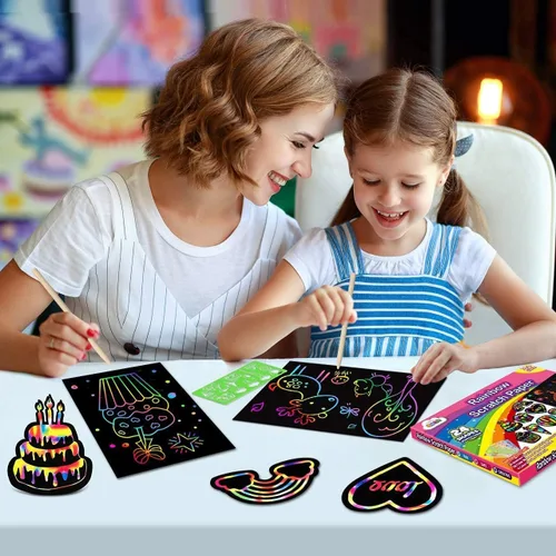 Vista 3 de ZMLM Papel para rascar artesanías para niñas: juego de dibujo mágico de arco iris Scratch Kit de suministros de tablero de papel para niñas de 3 a