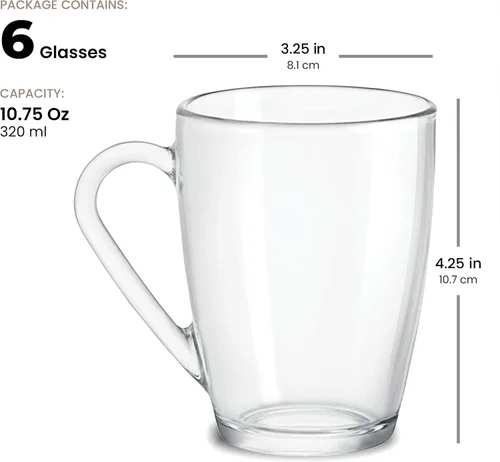 Vista 3 de Bormioli Rocco Icon 10.5 oz Glass Coffee Mugs, Set of 4 – 4.2" Tempered Glass Cups with Handle for Latte, Tea & Cappuccino – Clear Drinkware Heat