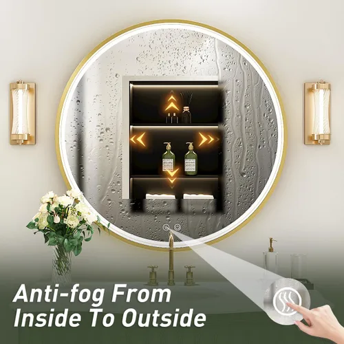 Vista 5 de Espejo LED redondo de 28 pulgadas para baño, espejo de tocador iluminado con marco de metal dorado, círculo montado en la pared con luces