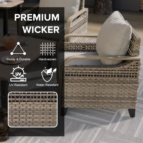 Vista 3 de COOS BAY Sillas modernas de mimbre para patio con juego otomano, sillas de comedor de ratán con reposabrazos curvos, asientos al aire libre de ratán