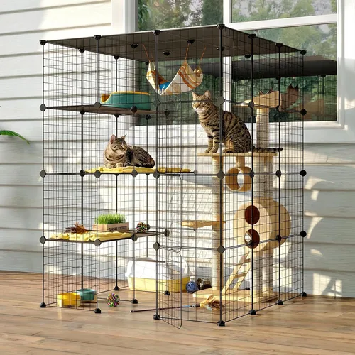 Vista 9 de Oneluck - Casa para gatos al aire libre, jaulas para gatos con puerta de entrada súper grande, balcón para gatos con plataformas de 41 pulgadas