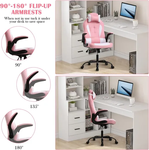 Vista 29 de Silla de videojuegos, silla de computadora de piel sintética ajustable con reposacabezas soporte lumbar, brazos y ruedas abatibles, silla de oficina