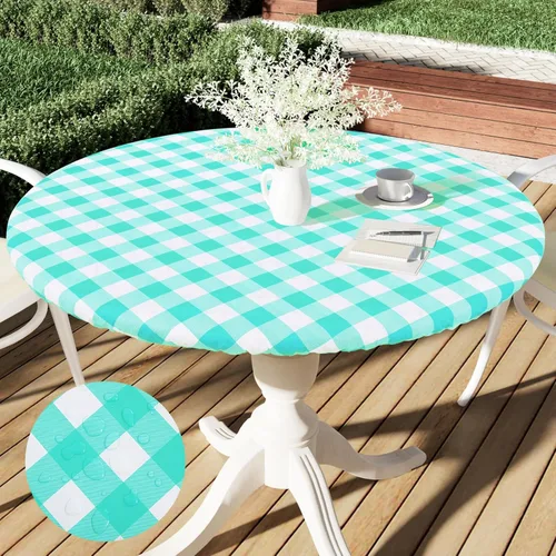 Vista 21 de Smiry - Mantel redondo de vinilo ajustable con bordes elásticos para mesas de picnic de 18"-24", mantel de vinilo impermeable con parte trasera