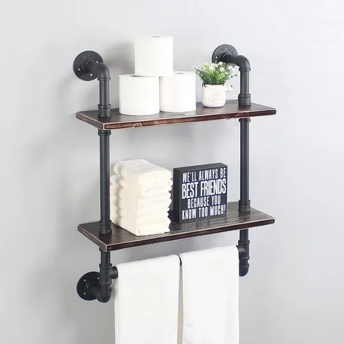 MBQQ - Estante industrial de tubería para baño, estantes de pared, estante de madera rústica de 19.6 pulgadas con toallero, 2 estantes de toalla