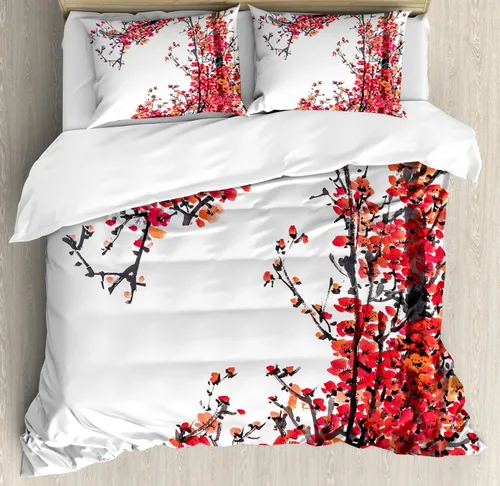 Vista 155 de Ambesonne Hawaii - Juego de funda de edredón de verano, palmeras y hojas exóticas de helecho, fondo colorido abstracto, juego de ropa de cama
