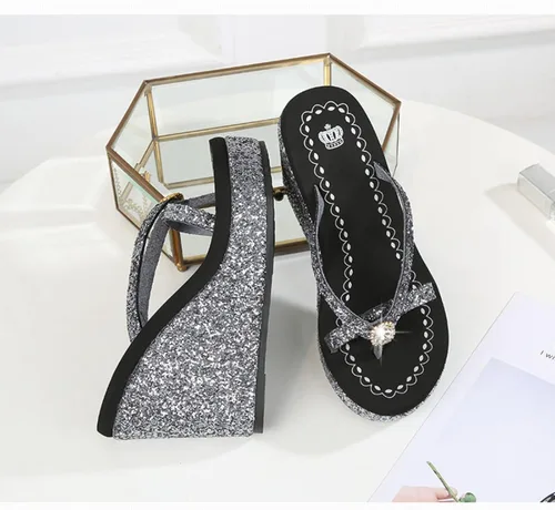 Vista 4 de Sandalias de plataforma de tacón alto para mujer, con lentejuelas brillantes, antideslizantes, cómodas.