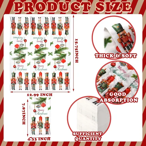Vista 3 de Sinmoe 200 servilletas de papel de 2 capas desechables de cascanueces de Navidad para baño, servilleta de papel de Feliz Navidad, decoración de mesa