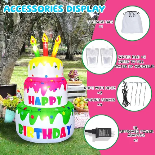 Vista 3 de DearSun Pastel inflable de cumpleaños de 4 pies de alto, pastel de cumpleaños inflable con velas iluminadas, 6 luces LED