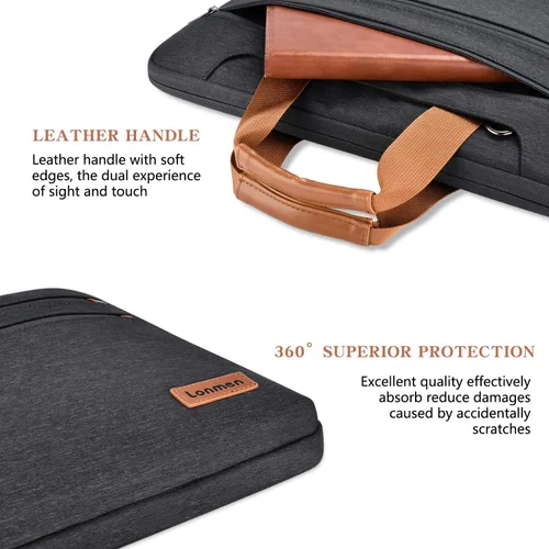 Vista 3 de LONMEN Bolsa de hombro para laptop de 15.6 pulgadas, funda de transporte para Macbook/Lenovo Ideapad/HP EliteBook/Dell Latitude Negro