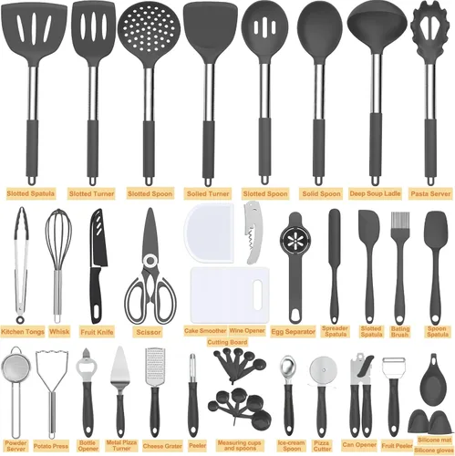 Vista 2 de Umite Chef - Juego de utensilios de cocina de silicona, 43 piezas resistentes al calor, mango de acero inoxidable, espátula de cocina