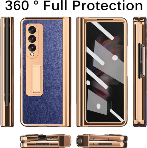 Vista 7 de Miimall Funda compatible con Samsung Galaxy Z Fold 3 con soporte para bolígrafo, patrón de cuero, protector de pantalla de vidrio templado+carcasa