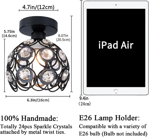 Vista 6 de TISLYCO Lámpara de araña moderna de cristal para pasillo, mini lámpara de techo semiempotrada, mini lámpara de araña de metal negro antiguo, lámpara