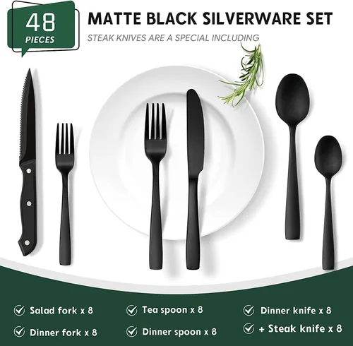 Vista 2 de Hiware Juego de cubiertos negros mate de 48 piezas con cuchillos para carne, juego de cubiertos negros para 8, juego de cubiertos de acero