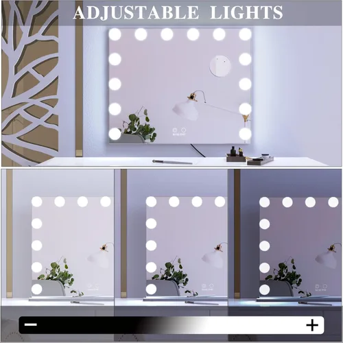 Vista 5 de ANYHI Espejo de tocador con luz, espejo de maquillaje grande Hollywood iluminado, 14 bombillas LED regulables, control táctil inteligente, montaje