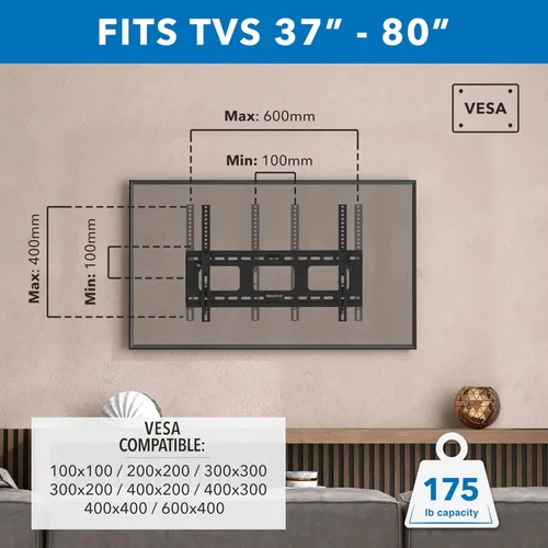 Vista 3 de Mount-It Soporte de pared inclinable de perfil bajo para televisores de pantalla plana LCD, LED, OLED, 4K o plasma de 32 a 60 pulgadas, capacidad