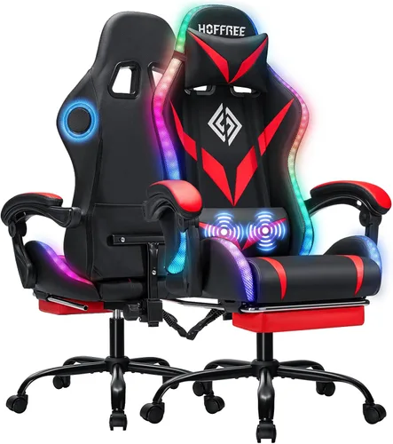 Vista 13 de Silla de juegos con altavoces Bluetooth y luces LED RGB, silla ergonómica de masaje para computadora con reposapiés, silla de videojuegos, respaldo