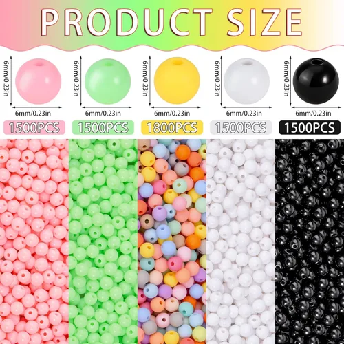 Vista 2 de 1500 cuentas negras redondas acrílicas para pulseras de 0.236 in de plástico, cuentas de colores para hacer joyas, cuentas de resina arcoíris