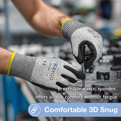 Vista 6 de KAYGO 2 pares de guantes resistentes a cortes para hombres y mujeres, guantes de seguridad de microespuma de nitrilo de nivel de corte ANSI A3