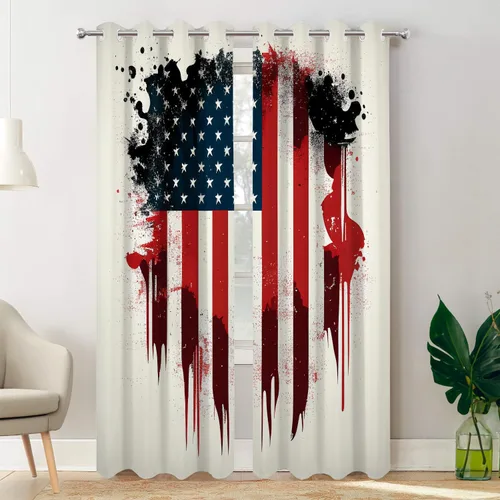 Vista 50 de Batmerry American Flag Ink Dot Tier Curtains, Red Blue White Stars Abstract Window Treatment Short Kitchen Curtain Multilayer Polyester Blackout for