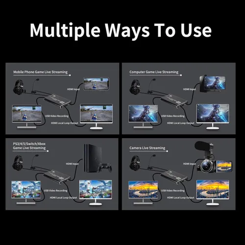 Vista 3 de Tarjeta de captura de video HDMI 4K, Plug & Play USB 3.0 tarjeta de captura de juegos con micrófono, no necesita controlador para PC/Mac, 1080P