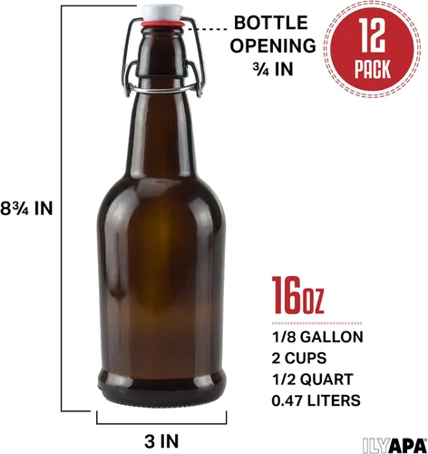 Vista 2 de Ilyapa Botellas de vidrio de 16 onzas con tapa abatible, color ámbar, paquete de 12 con tapa hermética, para elaboración casera, kombucha