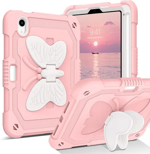 DUEDUE Funda para iPad mini 7 (A17 Pro) 2024, iPad mini 6 2021, alas de mariposa con soporte para lápiz, funda protectora a prueba de golpes para