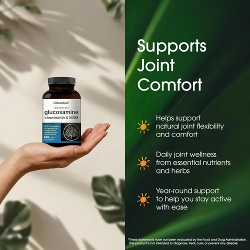 Vista 4 de NatureBell Condroitina avanzada de glucosamina y MSM - 240 cápsulas - Complejo de apoyo articular 10 en 1* - Incluye ácido hialurónico, cúrcuma