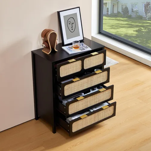 Vista 4 de LEVNARY Cómoda de 4 cajones para dormitorio, cajones de ratán con asas de metal, cómoda de madera para dormitorio, entrada, sala de estar, pasillo