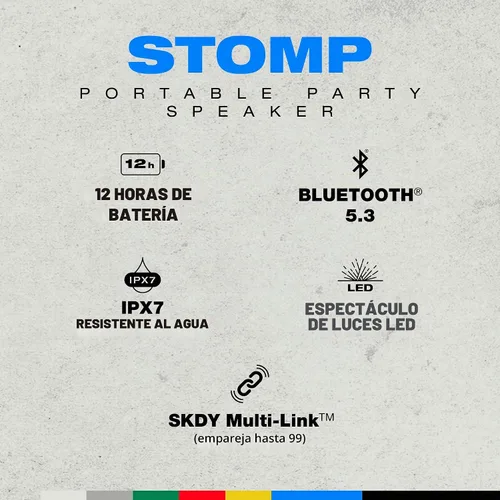 Vista 2 de Skullcandy Stomp - Altavoz Bluetooth - Altavoz portátil inalámbrico impermeable IPX7, con modos de espectáculo de luz LED y estroboscópico, batería