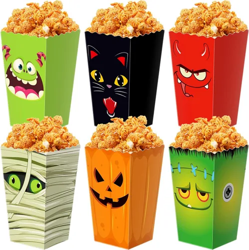 Roshtia 24 cajas de palomitas de maíz de Halloween, 6 diseños de bolsas de palomitas de maíz, cajas de dulces para golosinas para aperitivos, bolsas