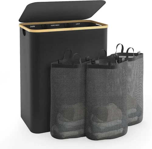 Vista 9 de Cesta extra grande de 3 secciones para ropa sucia con tapa, cestas de ropa sucia con bolsas extraíbles para dormitorio y lavandería, color beige