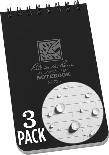 Rite in the Rain Cuaderno de espiral superior resistente a la intemperie, 3 x 5 pulgadas, cubierta negra, patrón universal, paquete de 3 (No. 735-3)