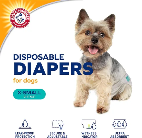 Vista 3 de Arm & Hammer Pañales para perros hembras para mascotas, talla XS, 12 unidades, ultra absorbentes, ajustables, con protección a prueba de fugas e