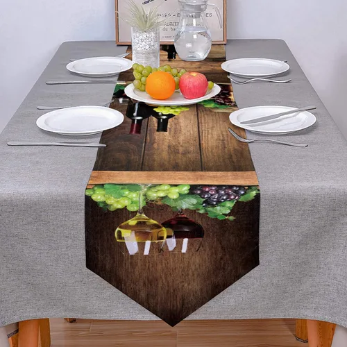 Vista 4 de Camino de mesa de arpillera, bufandas de copa de vino tinto, barril de madera, uva, camino de mesa de lino duradero para mesa, granja, decoración