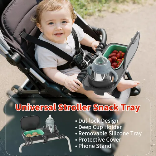 Vista 2 de Bandeja universal para refrigerios para cochecito, con portavasos y bandeja de silicona extraíble, bandeja de cochecito 3 en 1 para Uppababy, Nuna