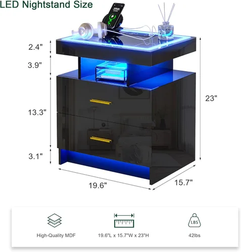 Vista 2 de HNEBC Mesita de noche LED con estación de carga (puertos USB, puertos tipo C), mesa de noche de alto brillo con 2 cajones, mesita de noche