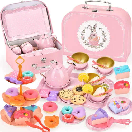 Lajeje Juego de fiesta de té para niñas – Regalo de cumpleaños de princesa pequeña, juguetes de conejito para la hora del té con tetera, postres,